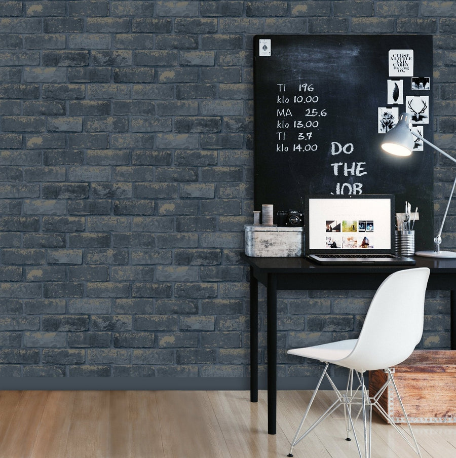 6756-Debona-Rustic Brick Effect Metallic Navy Blue Wallpaper-Decor Warehouse