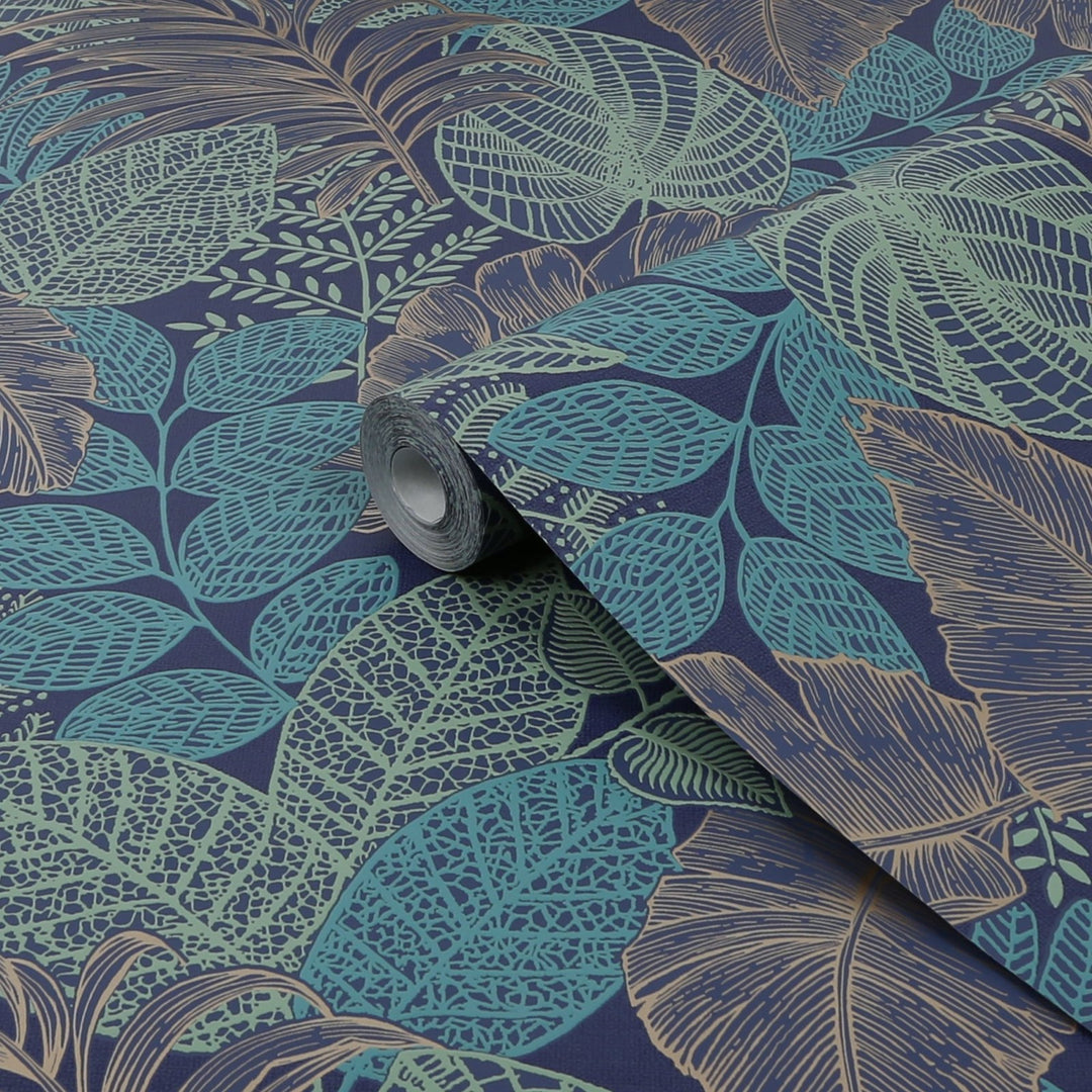 122422-Graham & Brown-Superfresco - Scattered Leaves Blue & Copper Wallpaper-Decor Warehouse