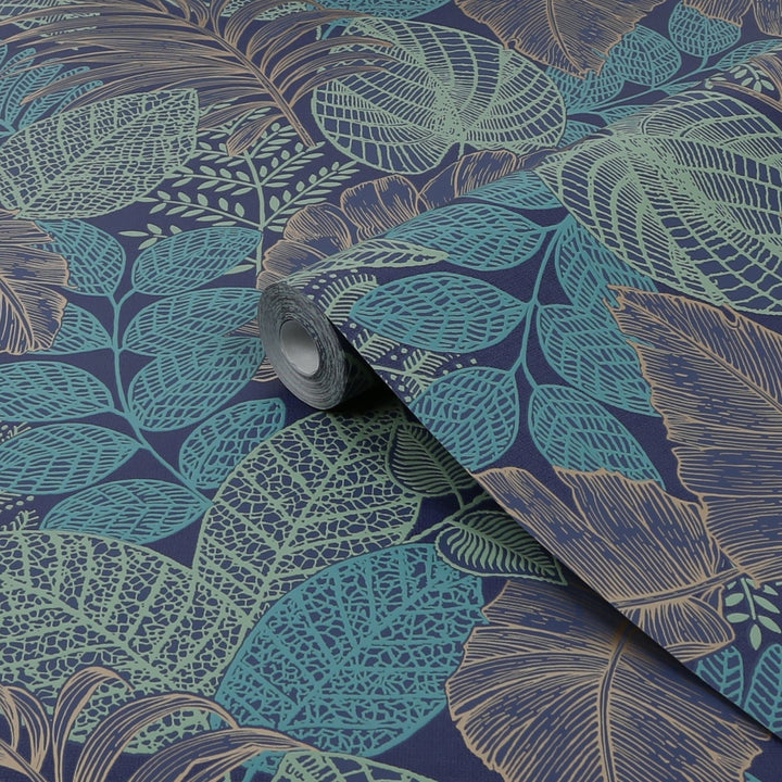 122422-Graham & Brown-Superfresco - Scattered Leaves Blue & Copper Wallpaper-Decor Warehouse