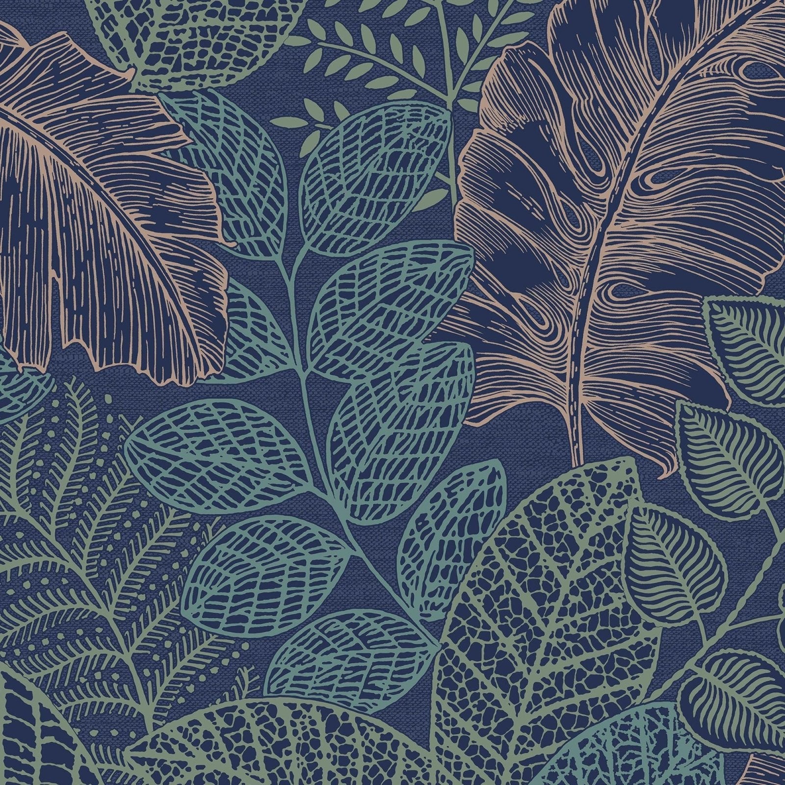 122422-Graham & Brown-Superfresco - Scattered Leaves Blue & Copper Wallpaper-Decor Warehouse
