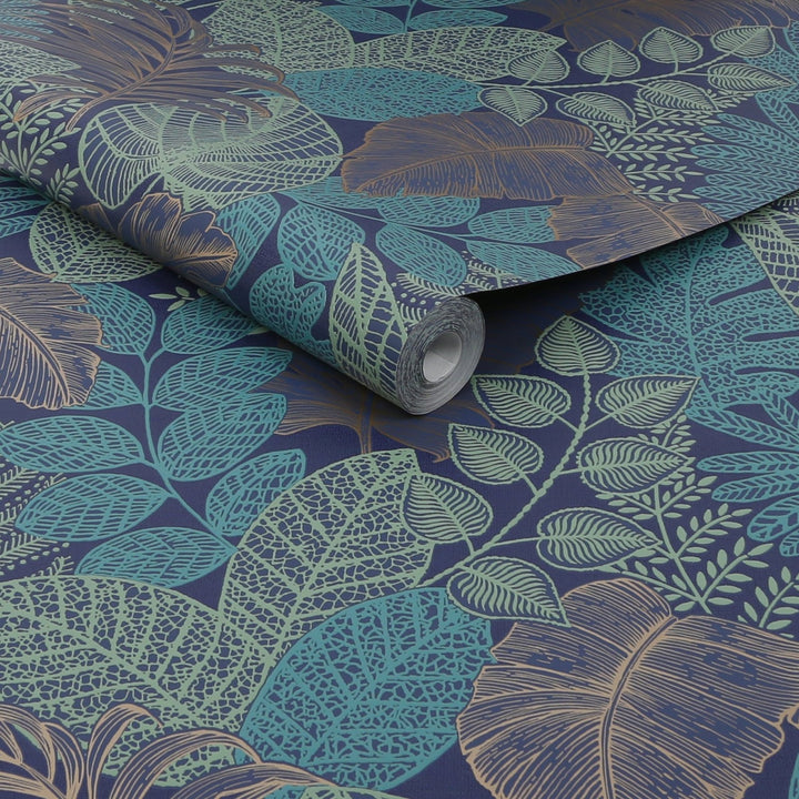 122422-Graham & Brown-Superfresco - Scattered Leaves Blue & Copper Wallpaper-Decor Warehouse