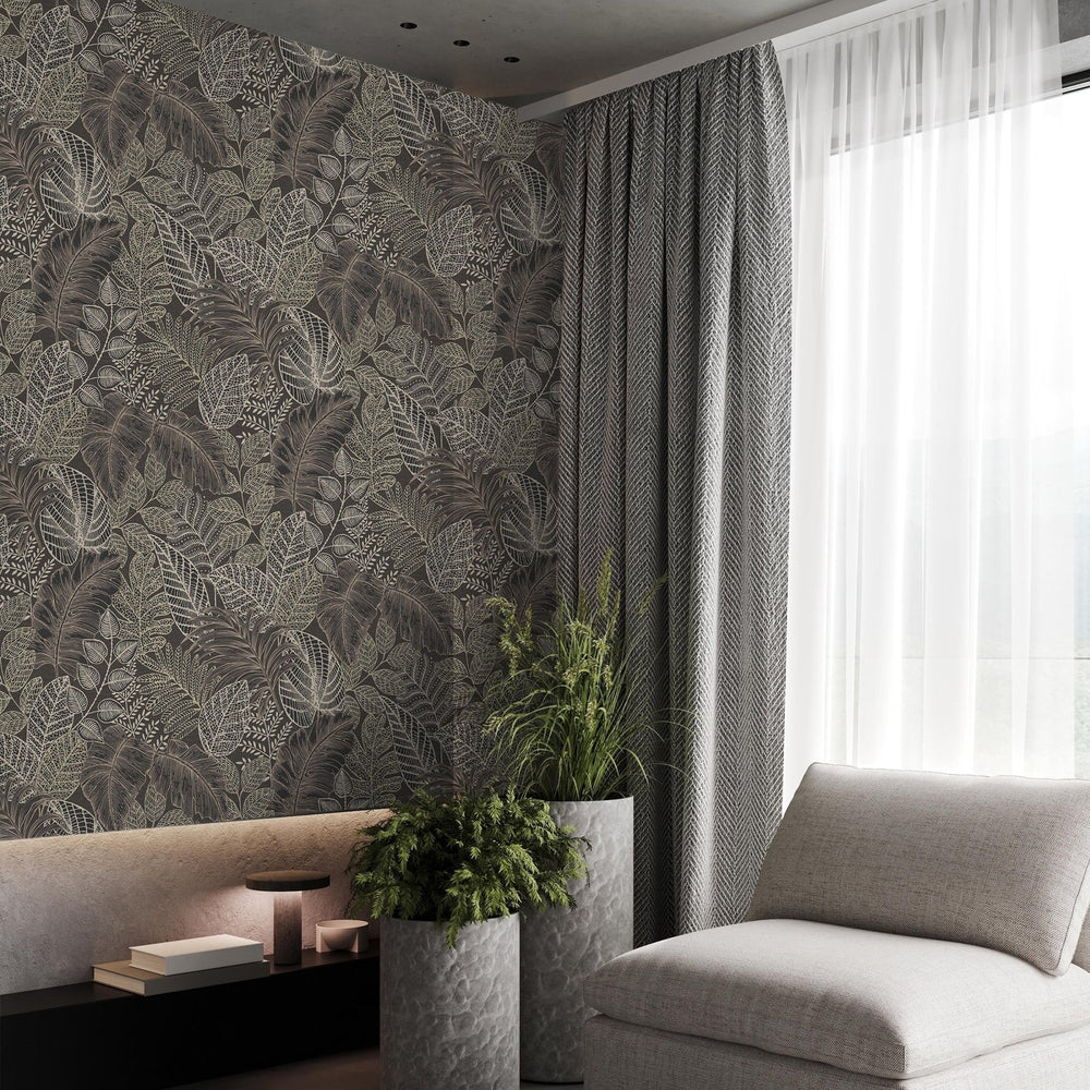 122425-Graham & Brown-Superfresco - Scattered Leaves Charcoal & Gold Wallpaper-Decor Warehouse