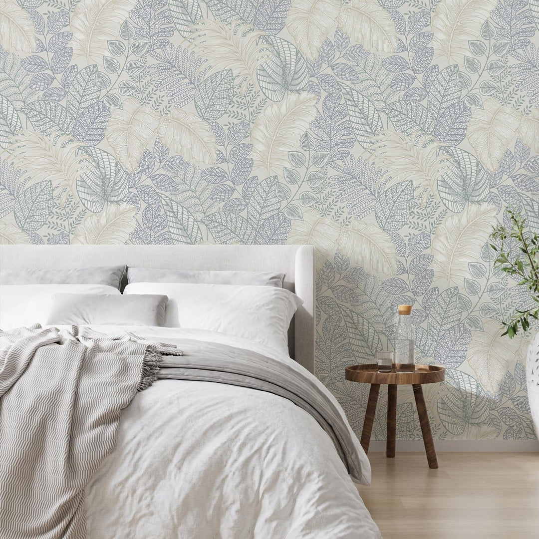 122421-Graham & Brown-Superfresco - Scattered Leaves Duck Egg Wallpaper-Decor Warehouse