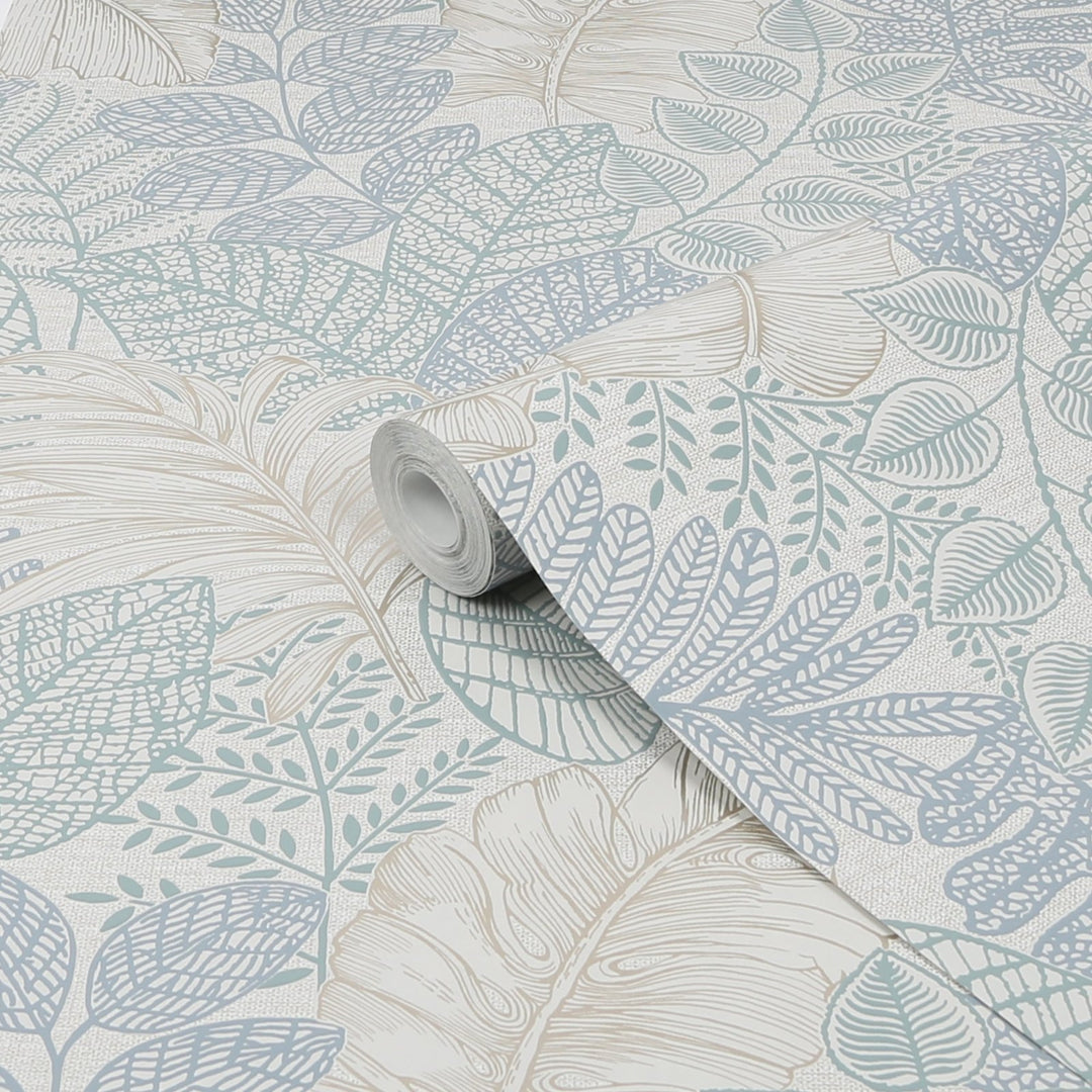 122421-Graham & Brown-Superfresco - Scattered Leaves Duck Egg Wallpaper-Decor Warehouse