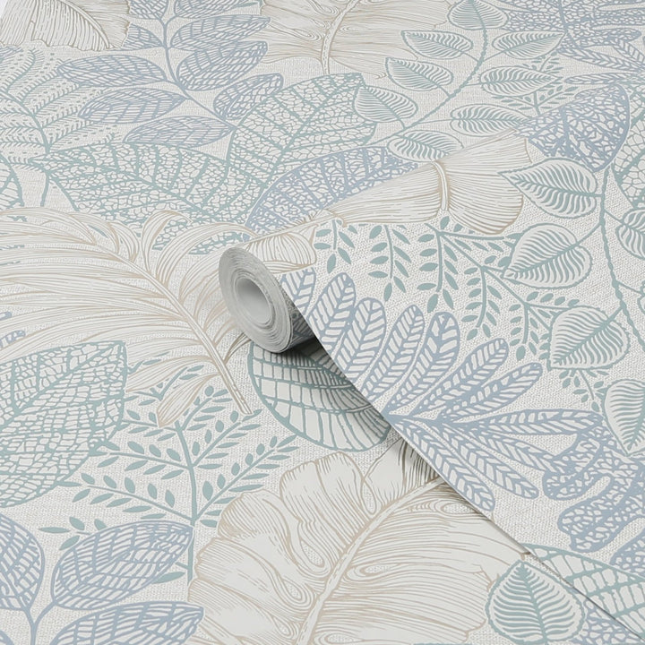 122421-Graham & Brown-Superfresco - Scattered Leaves Duck Egg Wallpaper-Decor Warehouse