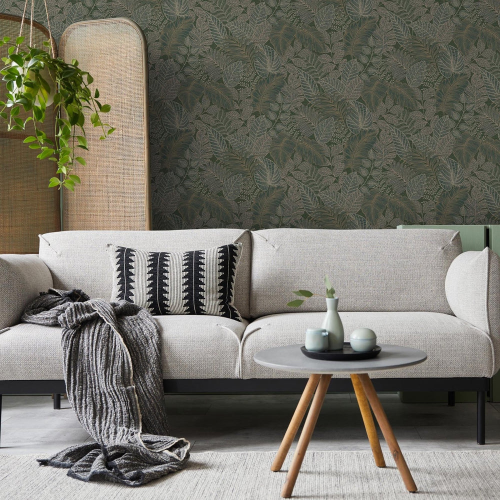 122423-Graham & Brown-Superfresco - Scattered Leaves Forest Green Wallpaper-Decor Warehouse