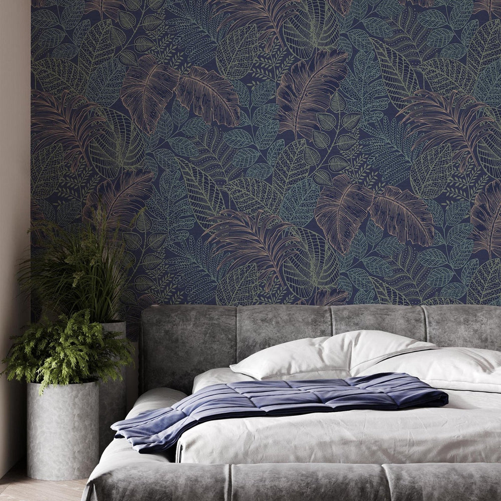 122422-Graham & Brown-Superfresco - Scattered Leaves Blue & Copper Wallpaper-Decor Warehouse