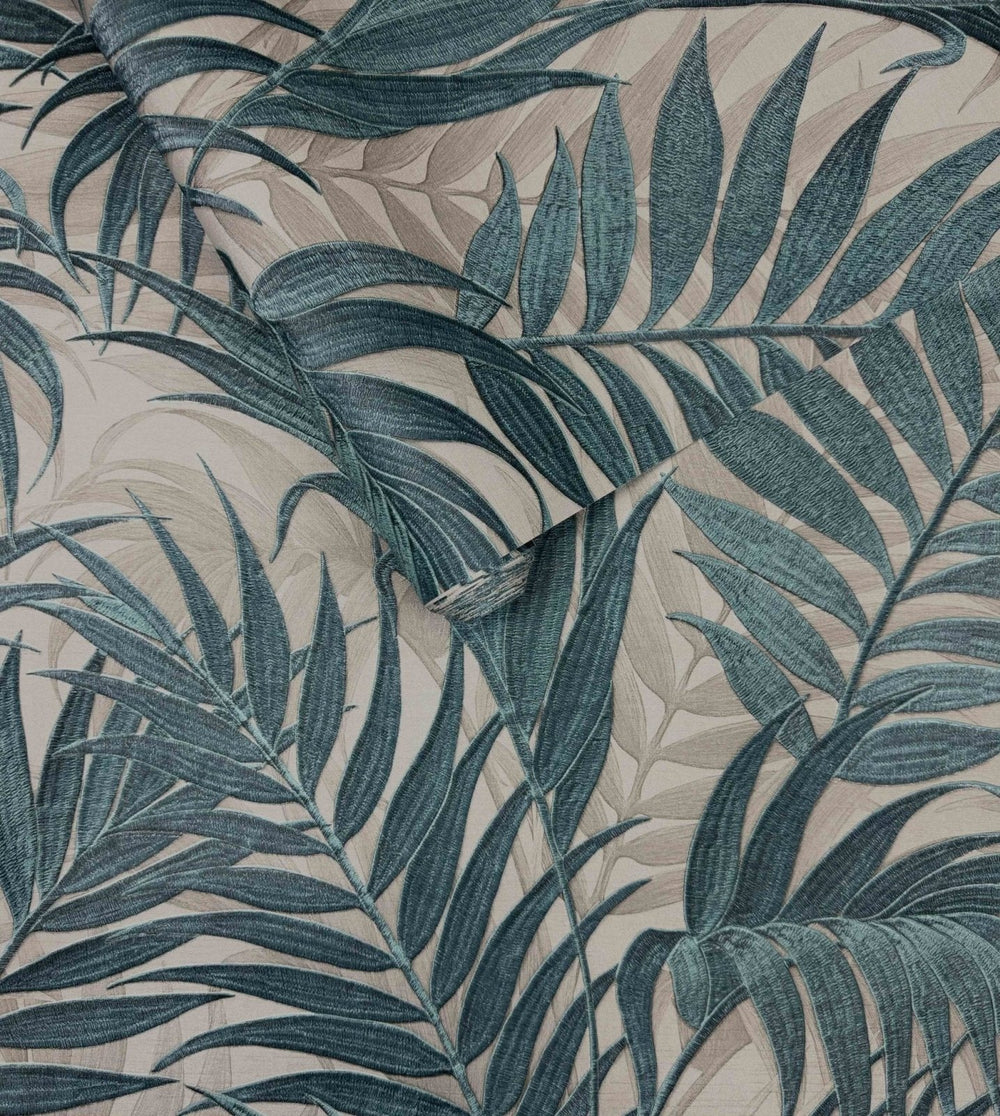 GR322108-Decor Warehouse-Tropical Palm Leaf Taupe & Blue Wallpaper-Decor Warehouse